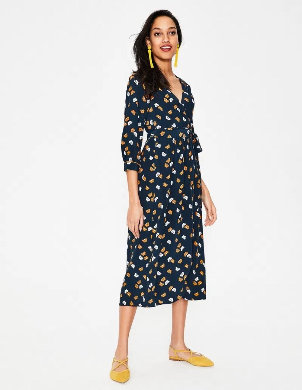 Boden Floris Midi Wrap Dress Navy Blue Yellow Tie Waist 3/4 Sleeve Sz 4 Women's